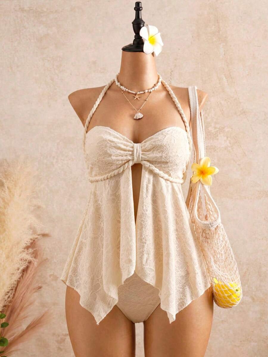Bellisia Women's Sexy Vacation Strapless Special Fabric Braided Rope Push-Up High-Cut Tankini Swimwear Set - Beige - View 1