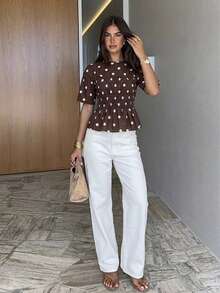 Siren Gaze Women's Summer Casual Vacation Style Brown Polka Dot Print Ruffle Hem Fitted Blouse Ruffle Peplum Pleated Holiday Y2k Festival Vacation Sexy Vintage - Apricot - View 5