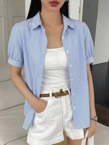 DAZY 春夏秋女款寬鬆休閒襯衫，有領、短袖、前開鈕扣，藍白細條紋 - 藍色 - 查看 4