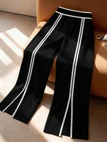 SHEIN CURVE+ Plus Size Women's Commuter Fashion Color Block Design Black & White Split Straight Leg Pants - Black and White - View 4