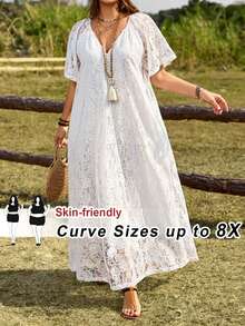 SHEIN CURVE+ Đầm ren trắng trơn phong cách đồng quê cho nữ size lớn, thời trang mùa hè dạo phố đi chơi, quần áo đi nghỉ dưỡng, quần áo đi lễ hội, quần áo đi biển, phong cách phương Tây, dáng xòe bay bổng, phong cách thời trang đơn giản, mẫu mới 2026, phù hợp mặc hàng ngày, đi chơi, đi nghỉ mát, đi xem hòa nhạc nhạc đồng quê - trắng - Xem 2