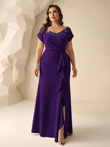 Coutiva Plus Size Solid Color Rhinestone Decorated V-Neck Short Sleeve Mother Of The Bride Dress - Purple - View 4