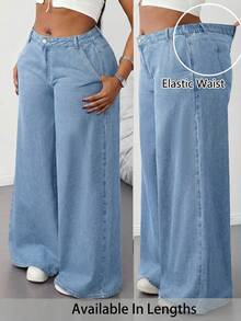 SHEIN Tall CURVE Plus Size Light Blue Elastic Waist Casual Straight Loose Fit Jeans - Light Wash - View 2