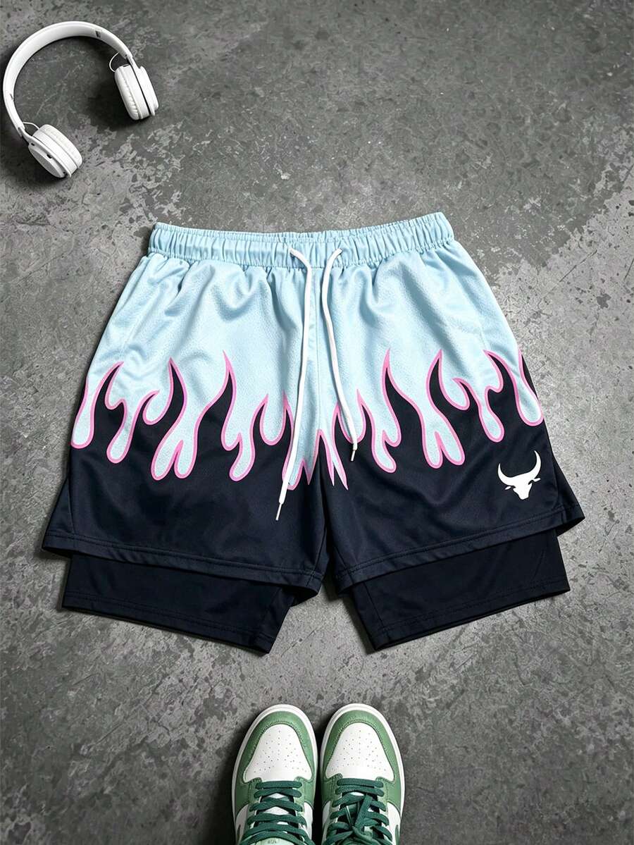 Gym Rark 男士休閒運動 2 合 1 印花抽繩短褲,健身房適用 - 黑色 - 查看 1