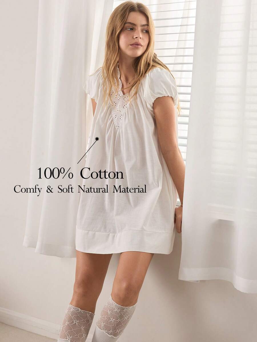 Ocili White Cotton Embroidered Hollow Floral Lace Trim Comfortable Casual Dress For Women - White - View 1