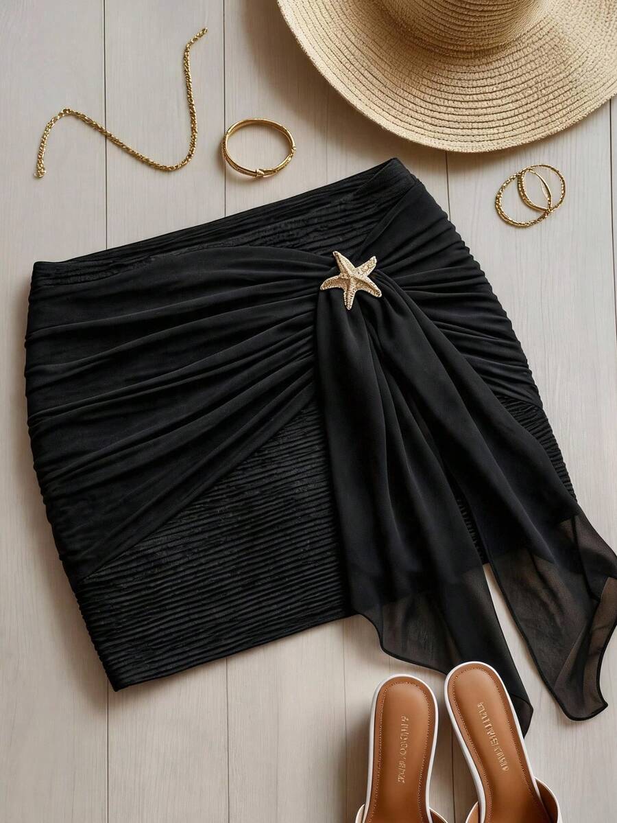 Franclia Plus Size Women French Casual Elegant Mesh Patchwork Skirt Vacation Black Autumn - Black - View 1
