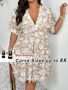 SHEIN CURVE+ Plus Size Women's Vacation Floral Print V-Neck Short Sleeve Ruffle Hem Dress Vacation Khaki Summer Boho - Multicolor - View 1