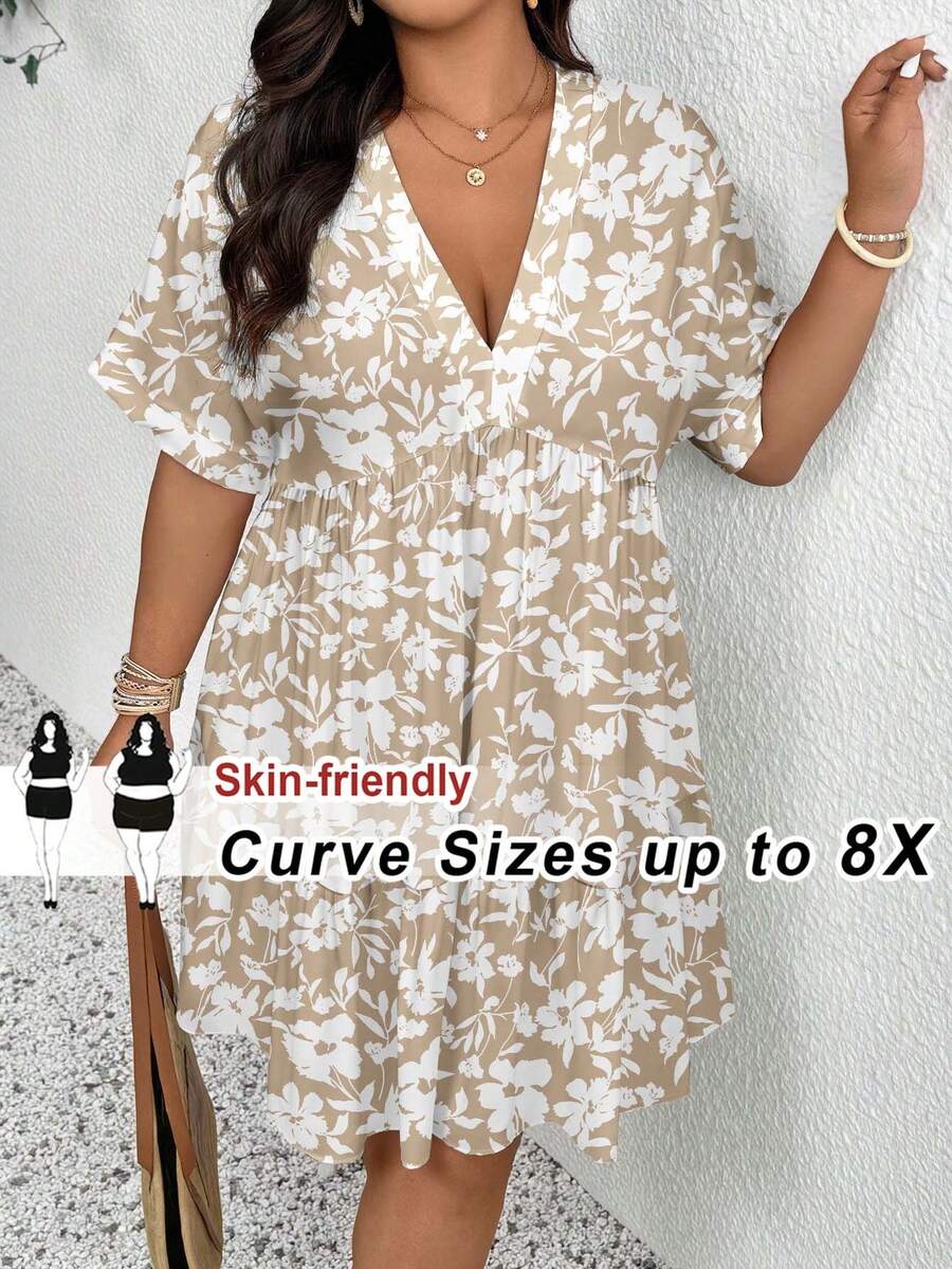 SHEIN CURVE+ Plus Size Women's Vacation Floral Print V-Neck Short Sleeve Ruffle Hem Dress Vacation Khaki Summer Boho - Multicolor - View 1