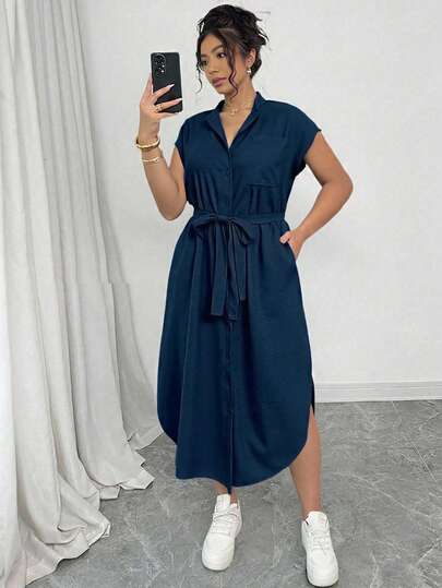 Elenzga Vestido de diseño de moda versátil casual de club con cuello de camisa de tela elegante, mangas raglán y lazo en la cintura con botones de madera para mujer talla grande, nuevo para primavera/verano