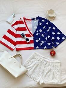 Comfortcana Red White And Blue Stripe Drop Shoulder V-Neck T-Shirt Independence Day Music Summer Casual Streetwear Vacation Rave - Multicolor - View 6