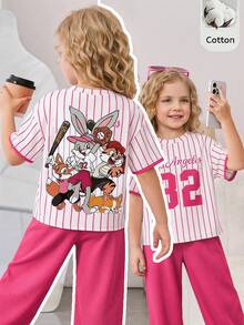 Set 2pcs/Set Anak Perempuan: Kaos Leher Bulat Bergaris Motif Hewan Lucu dan Legging, Cocok untuk Kembali ke Sekolah dan Liburan Musim Panas. - MultiWarna - View 2