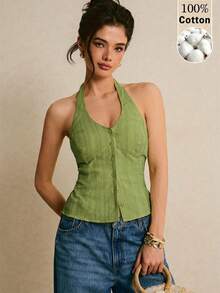 Poéselle Women's Solid Color Single-Breasted Casual Halter Neck Top - Green - View 2
