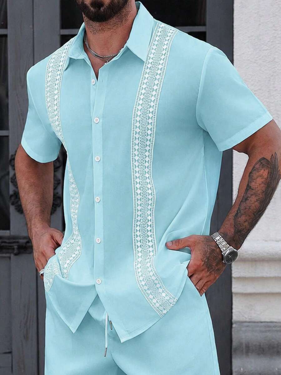 Manfinity Homme Men's Contrast Color Short Sleeve Retro Front Button Summer Shirt - Blue - View 1