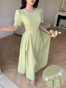 Modelyn Spring/Summer Solid Color Round Neck Short Sleeve Beaded Women's Dress Tea Party Light Green Elegant - Green - View 3