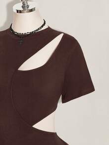 SHEIN ICON 女款大尺碼解構純色鏤空設計短袖連身衣 - 棕色 - 查看 5