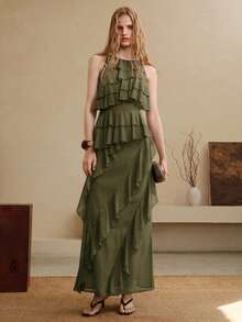 Arave Elegantes langes Damenkleid aus gewebtem Chiffon mit Boot-Ausschnitt, tailliertem Schnitt, Rüschen und Patchwork-Design für Dates - Armeegrün - Übersicht 7
