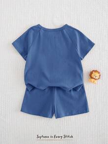 Cozy Pixies 2 Stücke Baby Jungen Cartoon Löwe Muster Strick Rundhals Kurzarm Top und Shorts Set mit elastischem Bund - Graublau - Übersicht 2
