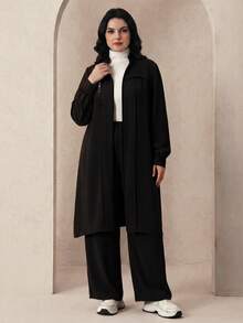 Modelyn 優雅素色拉鍊長袖外套秋冬女款阿拉伯服飾套裝 - 黑色 - 查看 3