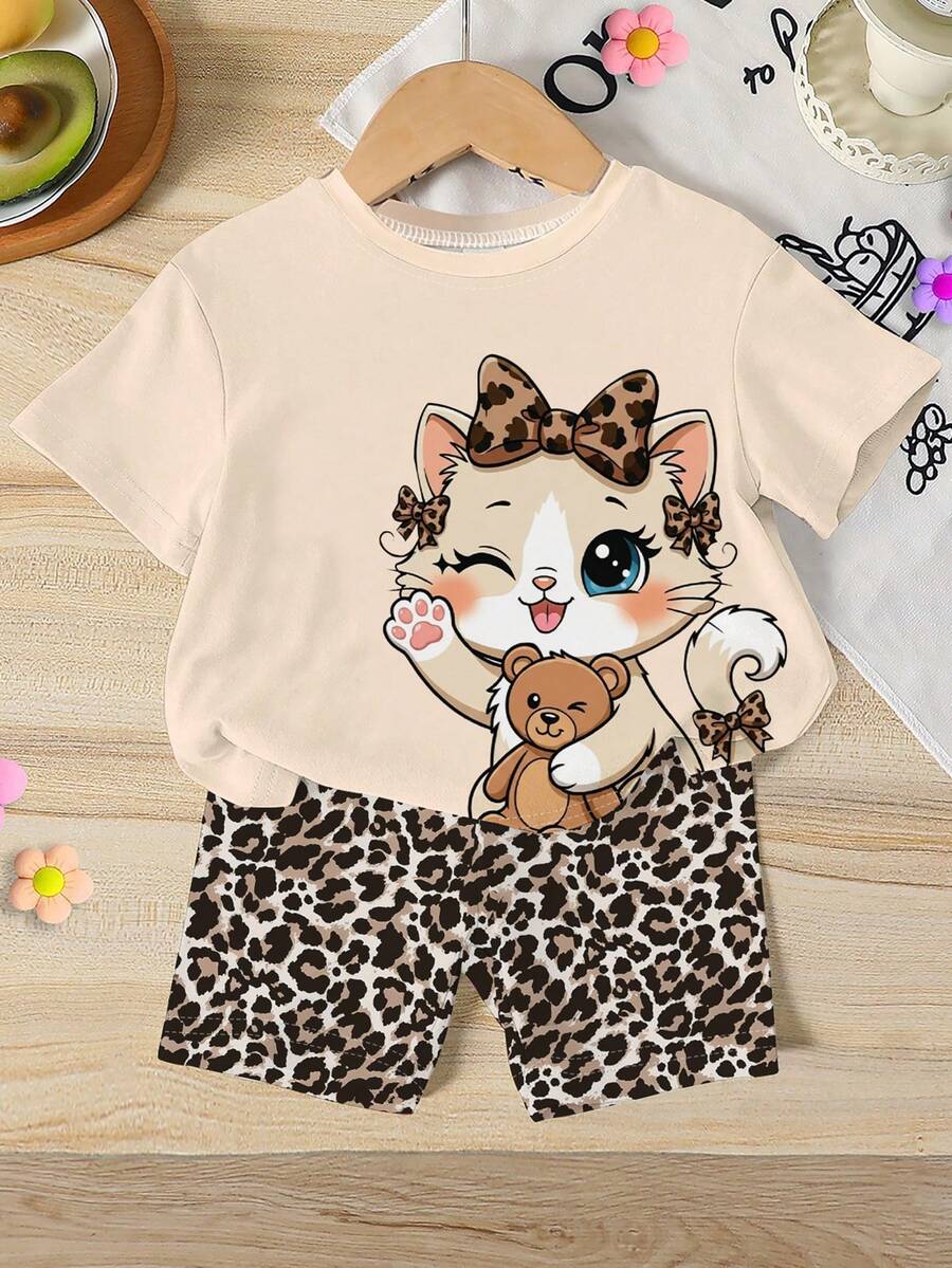 Summer Baby Girl Casual Multi-Piece Set, Brown & Apricot Leopard Print Cartoon Rabbit Pattern, Round Neck Short Sleeve T-Shirt & Shorts - Multicolor - View 1