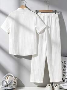 Teen Boy All White Mandarin Collar Long Sleeve Shirt And Casual Cute Teen Baggy Pants Set, Solid Outfit For Daily Wear, Outdoor, Prom Party Sixth Form - White - View 2