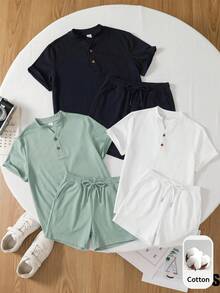 SHEIN 3件裝青少年男孩半袖T恤，飾有裝飾性木製鈕扣與紋理面料，藍色、綠色、白色，適合夏季休閒出遊、運動、度假、上學，百搭百用 - 彩色 - 查看 6