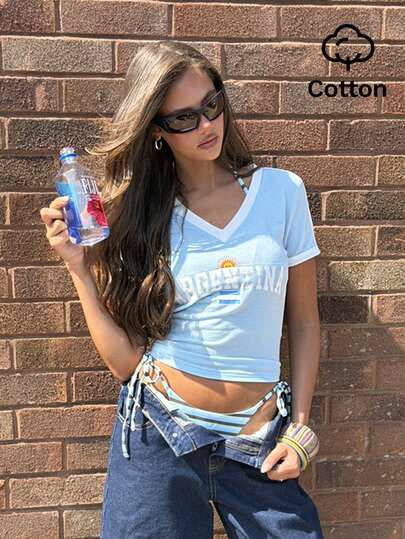 Athîral Women's Letter Print V-Neck Short Sleeve Casual Versatile T-Shirt