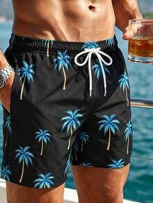 Surfspeed Summer Men's Palm Tree Print Drawstring Waist Beach Shorts Holiday / Vacation / Beach / Hawaii / Tropical / Swim /  Bathing - Black - View 1