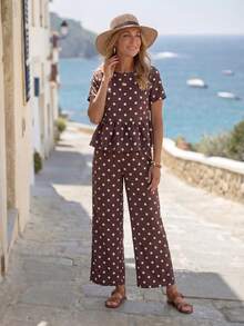 EMERY ROSE Women's Elegant Polka Dot Print Short Sleeve Ruffle Hem Top And Pants Set - Multicolor - View 3
