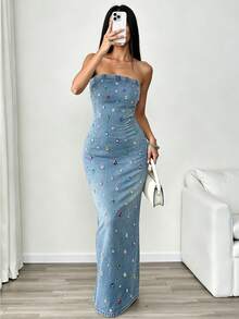 Resyla Vestido de verano ajustado sin tirantes decorado con pedrería - Multicolor - Ver 4
