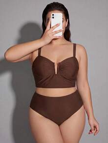 Shapewave Plus Size Solid Color Minimalist Daily Swimwear Set Gym Summer - Coffee Brown - View 5