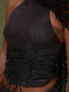 MUSERA Black Mesh Snake Print Halter Top With Ruched Lace-Up Top - Multicolor - View 6