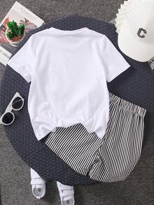 SHEIN Explorewe 2件套男童学院风刺绣铅笔裤和条纹休闲短裤，夏季百搭，适合上学、日常外出、度假、旅行、休闲、日光浴等场合。 - 白色 - 查看 2