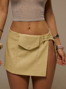 MUSERA Faux Leather Low Rise Button Pocket Detail Mini Skurt Spring Summer Festival Vacation Ibiza Holiday Rave Sexy Y2k Utility Siren Night Butter Yellow - Yellow - View 3