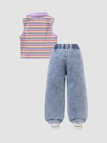 Souflis Souflis New Girls 4-7 Years Old Spring/Summer 2-Piece Set Sleeveless Top And Denim Long Pants With Embroidery Patch Design, Fashionable And Stylish For 4-7 Years Old Girls, Suitable For Daily Casual, Vacation, School, Travel, Outdoor Sports, Back To School - Multicolor - View 2