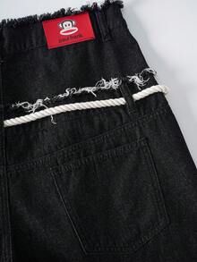 Paul Frank X SHEIN Men's Hip-Hop Design Cartoon Pattern Print Button Tie Frayed Denim Shorts - Black - View 6