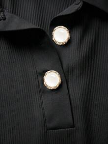 Franclia 休閒學院風保守連身衣，優雅夏季海灘辦公室教師日常穿搭，教師節畢業禮，黑色領口短袖連身衣 - 黑色 - 查看 6