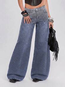 ROMWE Y2k Hot Girl Party Music Festival Outfit Gradient Rhinestone Women's Loose Wide Leg Jeans - Dark Wash - View 1