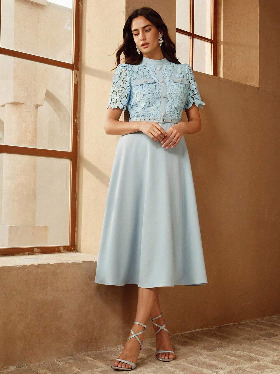 Anewsta Elegant Modest Small Stand Collar Short Sleeve Water-Soluble Flower Patchwork Belted Women's Dress Wedding Brunch Light Blue Summer