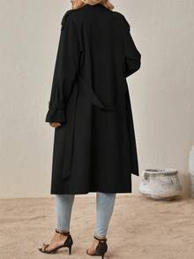 SHEIN Clasi Mantel Trench Berlengan Raglan Kancing Ganda dengan Sabuk, Warna Hitam Elegan untuk Kantor Musim Gugur - Hitam - View 2