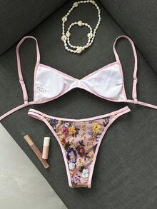 Costavie 夏季海灘女款兩件式套裝 刺繡亮片迷你罩杯雙肩帶上衣比基尼 雙繩泳褲 性感海灘度假泳裝套裝 - 粉色 - 查看 3