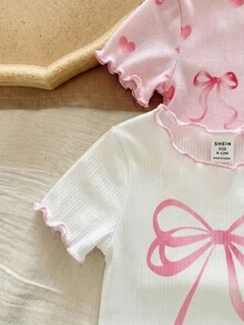 SHEIN LMoss Kids 女嬰夏季可愛花卉印花荷葉邊圓領短袖短褲休閒舒適貼身睡衣套裝 4件組 - 彩色 - 查看 6