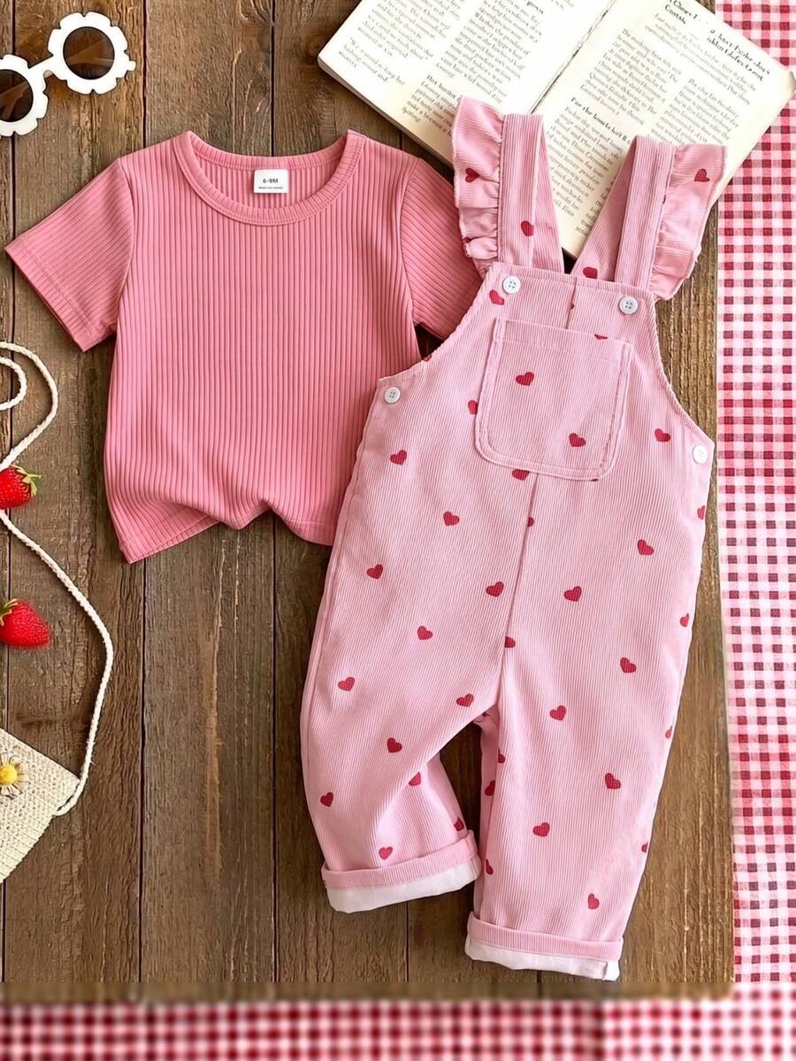 SHEIN Vintaside Kids 1件女嬰休閒可愛粉色愛心吊帶連身褲,適合外出與派對,燈芯絨面料 - 紅色 - 查看 1
