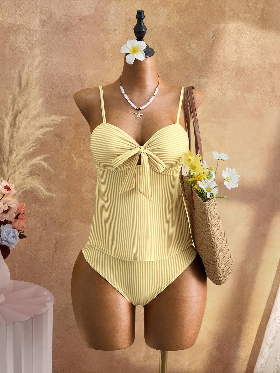 Mistrie New Yellow Bow Tie Bandeau Two Pieces Bikini Set, Sexy Cute Beach Vacation Swimsuit Summer - Multicolor - View 1