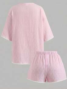 Travachic KIDS Tween Girl Vacation Drop Shoulder Kimono Shirt And Shorts Set - Pink - View 3