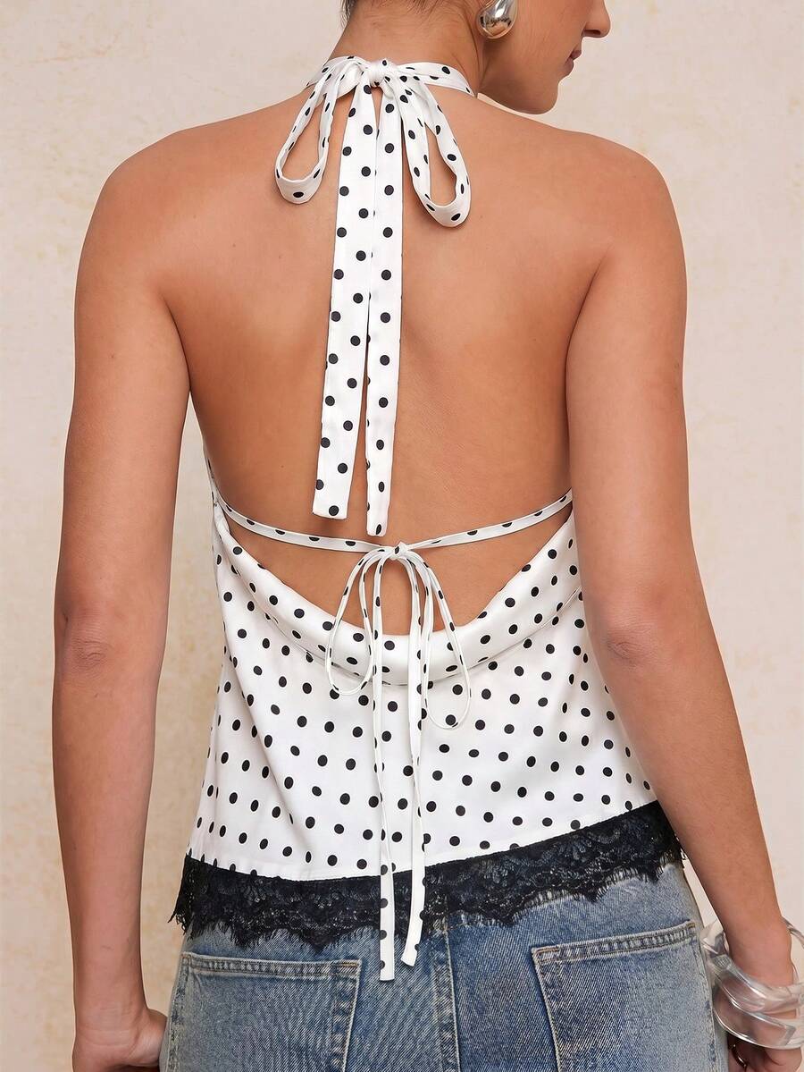 Lumalex Polka Dot Colorblock Patchwork Elegant Exquisite Lace Patchwork Satin Halter Neck Backless Waist-Cinching Fitted Women's Top