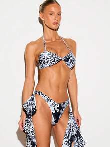 KIZN Oriental Animal Print Halter Bandeau Bikini Top With Twist Front Detail And Adjustable Tie Neck Summer Beach - Multicolor - View 5