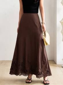 Heiryn Women's Teachers' Day Fashion Versatile Embroidered Hem Patchwork Maxi Skirt Party Office Dark Brown Autumn Elegant French - Brown - View 4