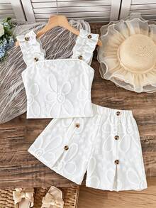 Tween Girl Solid Color Jacquard Tank Top + Shorts 2 Pieces Set - White - View 6