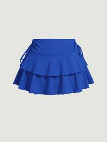 SHEIN PETITE CURVE Drawstring And Fold Detail Solid Color Cake Skirt - Blue - View 4