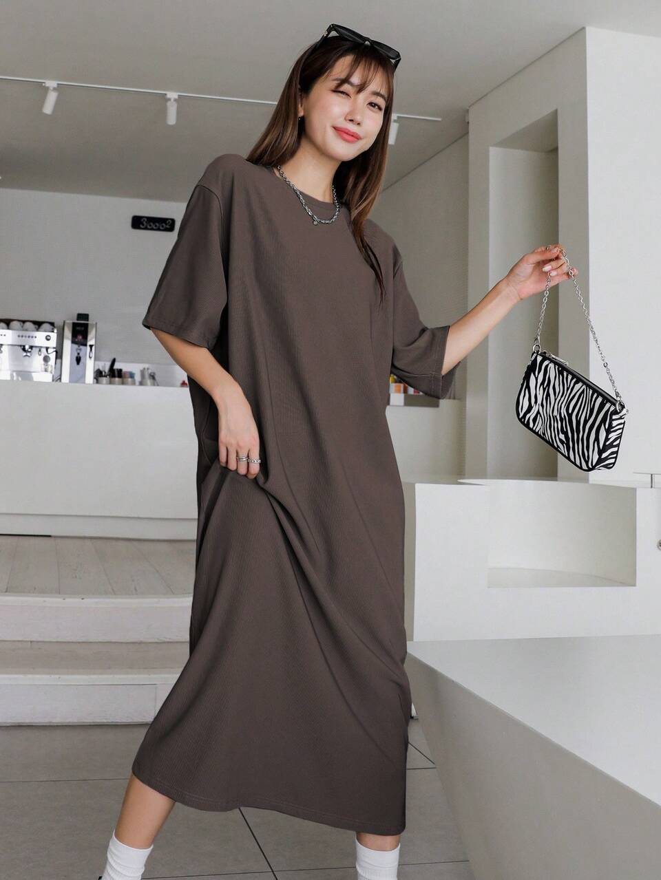 Spring Summer Autumn Round Neck Short Sleeve Loose Fit Solid Dark Coffee Color Women's Midi Dress